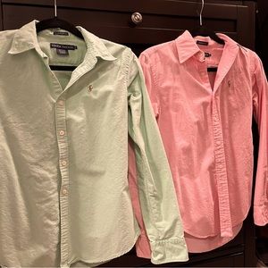 Two Ralph Lauren Women’s Cotton Button downs - one light pink one light green
